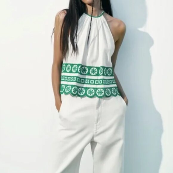 Zara Tops - Zara White & Green Embroidered Halter Top – Women’s Size Small Boho Style